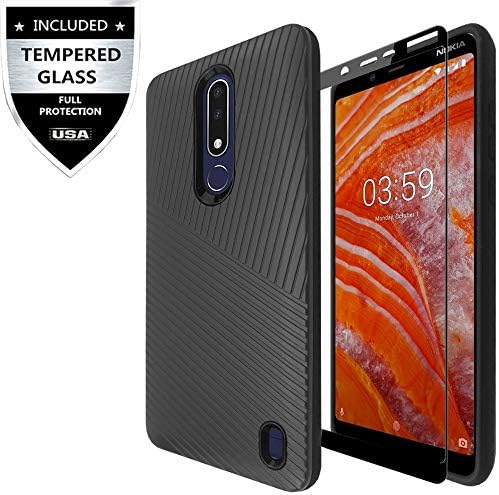 IDEA LINE Textured Embossed Lines Hard Plastic PC TPU Hybrid with Tempered Glass Screen Protector for Nokia 3.1 Plus - Black