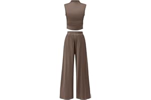 ANRABESS Womens 2 Piece Outfits 2024 Summer Mock Neck Sleeveless Cropped Tank Tops Wide Leg Long Pants Tracksuits Lounge Sets