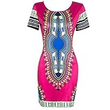 Orangesky Women Traditional African Print Dashiki Bodycon Short Sleeve Dress (L, Hot pink)