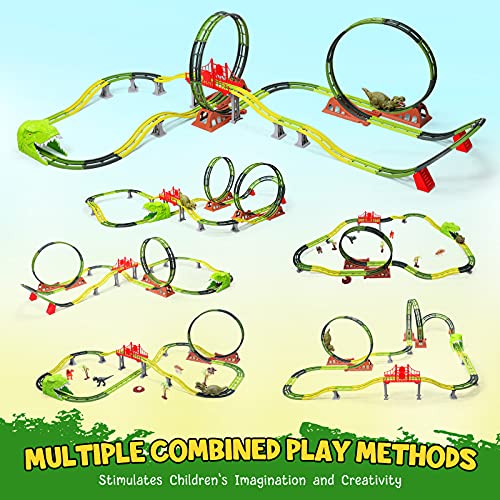 Dinosaur Track Toys Set, Rechargable Dinosaur Race Car, Flexible Tracks with Bridge/Ramps/Double 360° Loop, Assemble Track Toys to Create A Dinosaur World Road Race Great Gift for Kids Age 3+