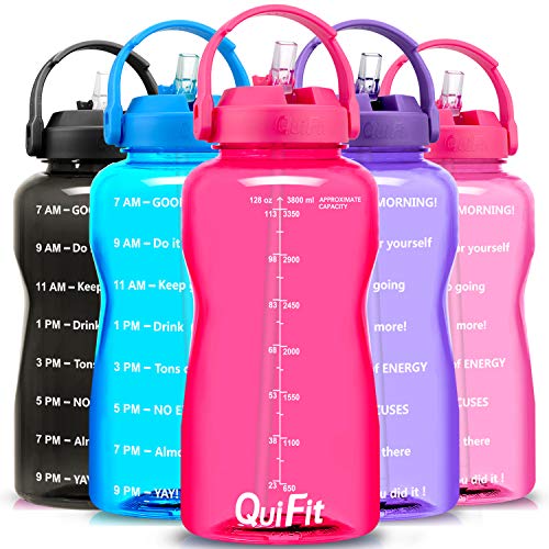 QuiFit Motivational Gallon Water Bottle with Straw & Time Marker BPA Free 128 oz Large Water