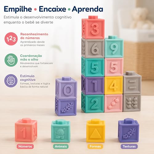 Blocos Sensoriais para Bebê 6M+ 12 Cubos Educativos para Empilhar | Números 0-9 e Símbolos Matemáticos – Brinquedo Didático com Texturas e Som