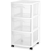 Sterilite 28308001K 3-Drawer Rolling Caster Wheel Home Organizer Storage Cart with Durable Plastic Frame, Clear Drawers, White