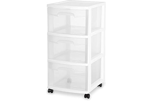 Sterilite 28308001K 3-Drawer Rolling Caster Wheel Home Organizer Storage Cart with Durable Plastic Frame, Clear Drawers, Whit