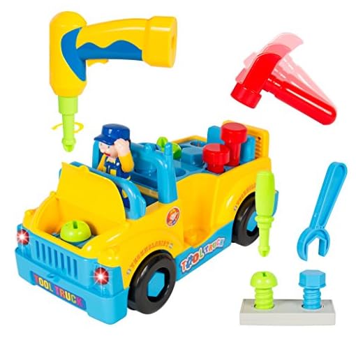 Liberty Imports Multifunctional Take Apart Toy Tool Truck With Electric Drill and Power Tools, Lights and Music, Bump and Go Action
