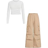 Azmxynol Girls Clothes 2 Piece Outfit Ribbed T-Shirt Top + Cargo Pants, Girls Fall Clothing Set, Sizes 5-16 Years