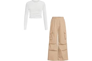 Azmxynol Girls Clothes 2 Piece Outfit Ribbed T-Shirt Top + Cargo Pants, Girls Fall Clothing Set, Sizes 5-16 Years