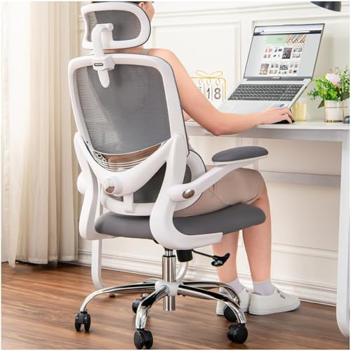 TONFARY Ergonomic Home Office Chair, High Back Mesh Desk Chair with Adjustable Lumbar Support, Flip-up Armrest, Removable Headrest, Swivel Computer Gaming Chair, Space Saving, 150KG (White+Grey)