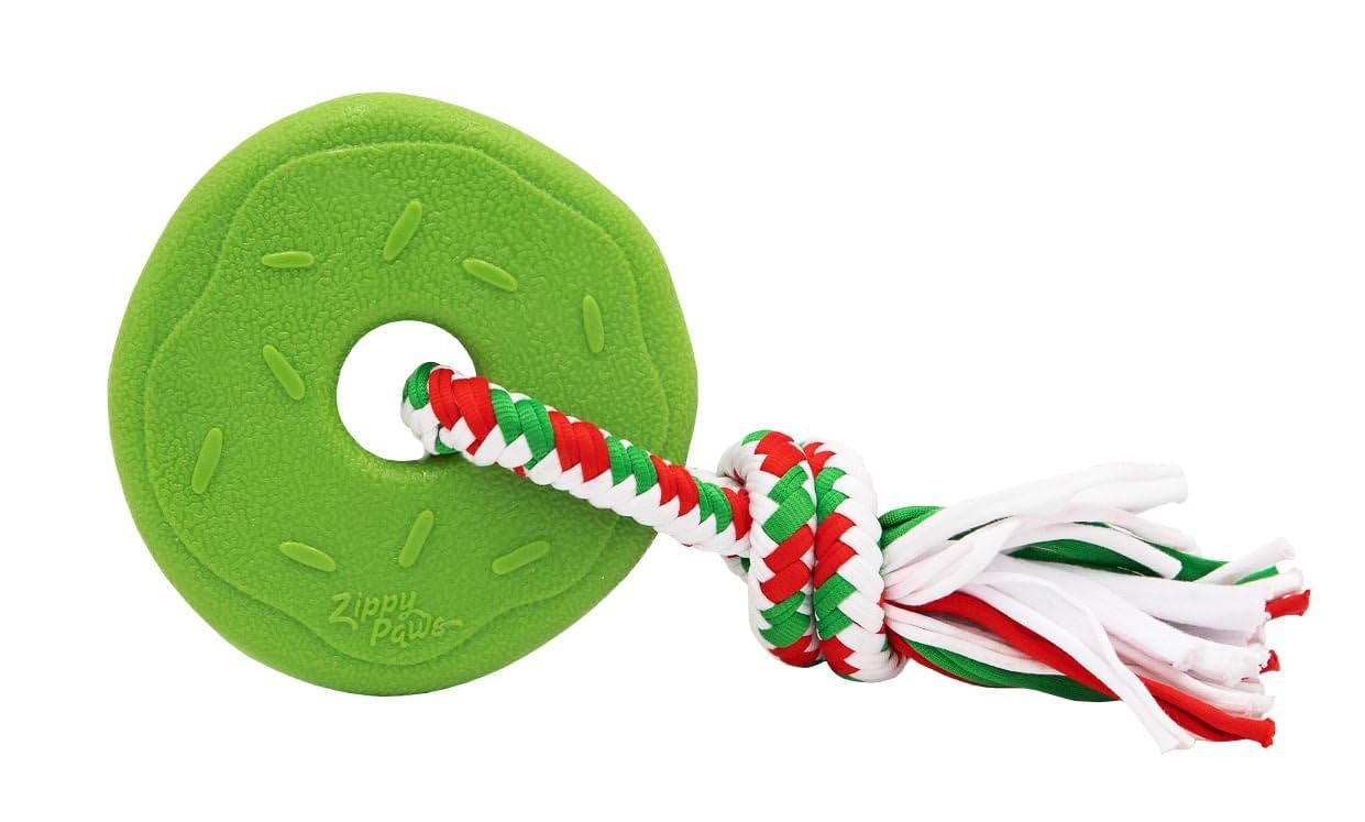 ZippyPaws ZippyTuff Teethers, Tough Chew Dog Toy for Young Puppies, Holiday Themed, Donut Green