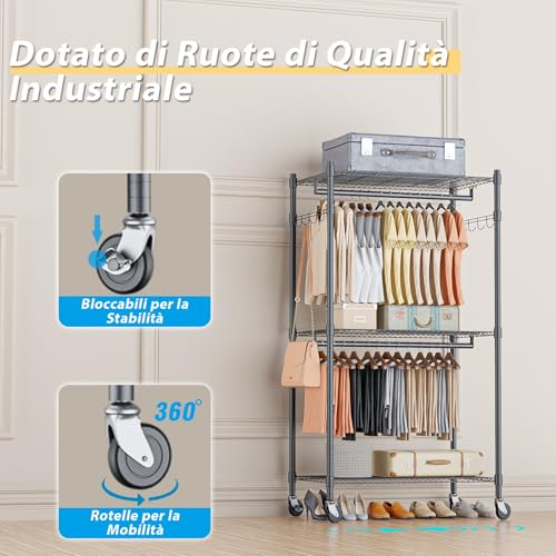 Himimi Double Coat Rack with Height-Adjustable Shelves, Coat Rack with 2 Hooks, Clothes Trolley with Wheels, 60 x 42 x 205 cm, Grey
