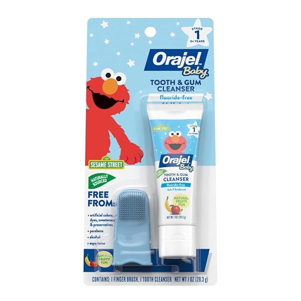 ORAJEL BABY ELMO TOOTH & GUM CLEANSER FLUORIDE-FREE, 1 FINGER BRUSH, 1 TOOTHPASTE 1OZ; #1 PEDIATRICIAN RECOMMENDED FLUORIDE-FREE TOOTHPASTE*