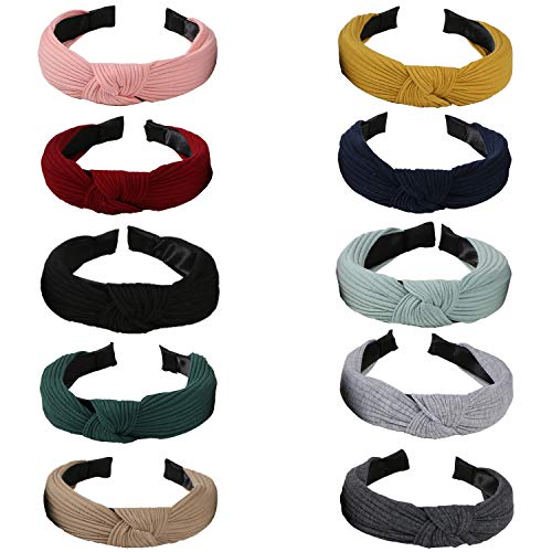 Kisslife 10 Pack Wide Headbands Knot Turban Headband Hair Band Elastic Plain Fashion Hair Accessories for Women and Girls, Children 10 Colors