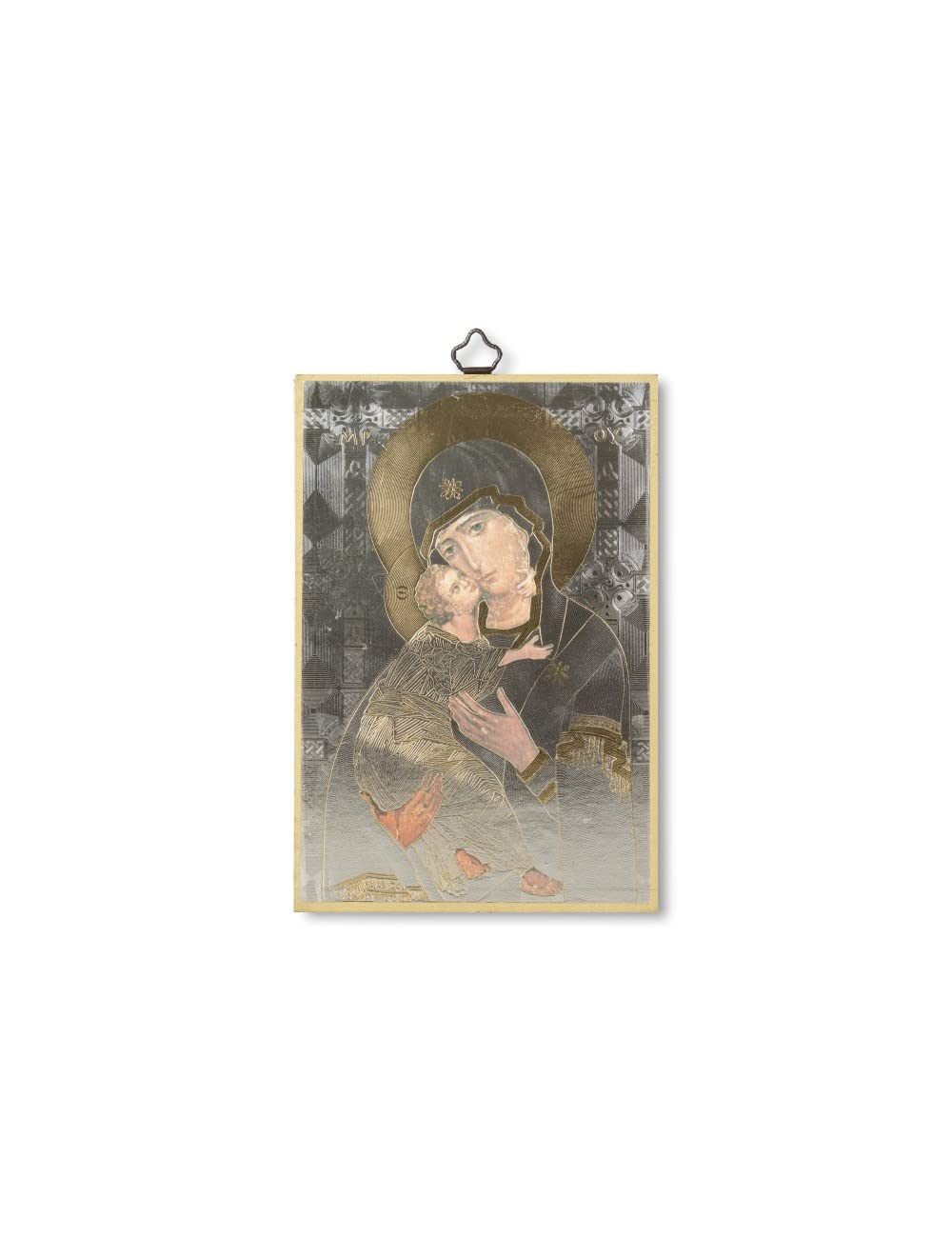 Fratelli Bonella | Sacred Picture on Poplar MDF 8 mm with Golden Foil Mosaic with Icon of Tenderness of Vladimir and Prayer on the back 10 x 15 cm | Made in Italy