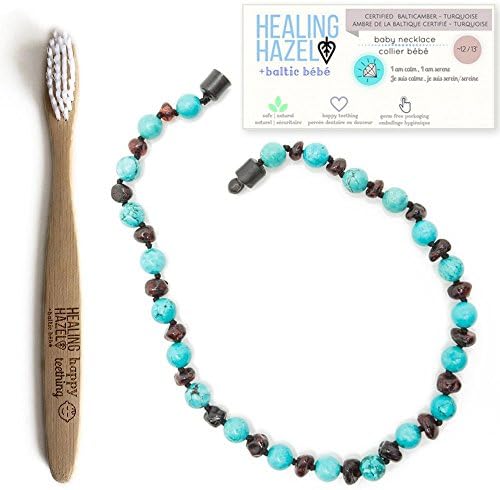 Healing Hazel + baltic bébé – 100% Certified Baltic Amber Pop Clasp Children Necklace with Gemstones, Turquoise, ~12-13 inches (Reduce Drooling &amp; Teething Pain) Bundle with Kids Bamboo Toothbrush