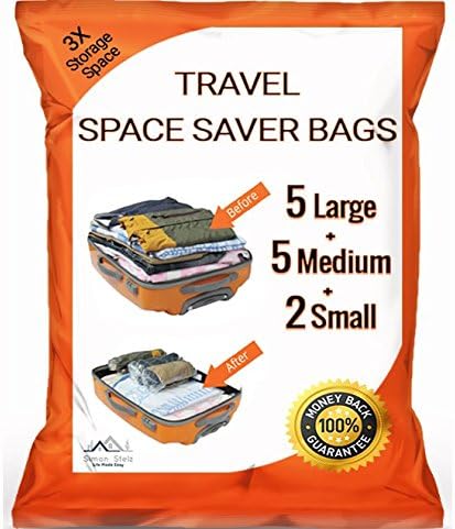 12 Pack PREMIUM Travel Space Saver Bags. No Vacuum Needed. 5 Large, 5 Medium &amp; 2 Small bags. Sized for Carry-on and Check-in bags