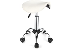 FNZIR Saddle Rolling Stool with Wheels PU Leather Height Adjustable Swivel Stools Chair White