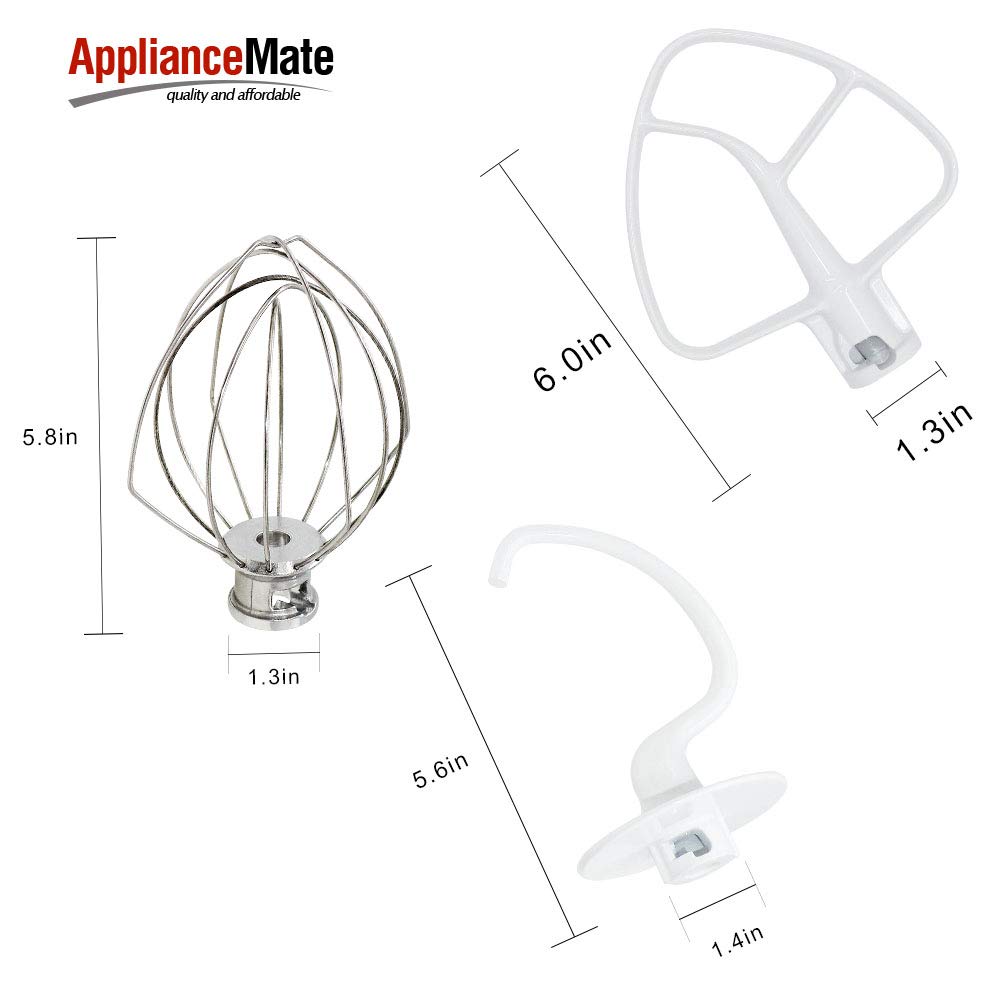 Kitchen Mixer Accessories K45DH Dough Hook & K45B Coated Flat Beater & K45WW Wire Whip 3 piece Stand Mixers Replacement Set Compatible With K45 KSM75 KSM90 KSM100 KSM103