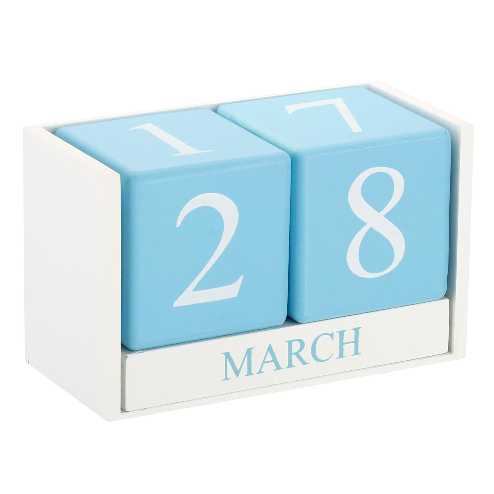 PATIKIL Vintage Wood Block Perpetual Calendar, Reusable Wooden Month Date Display Blocks for Desk Office Home Decoration Style 1, White Blue