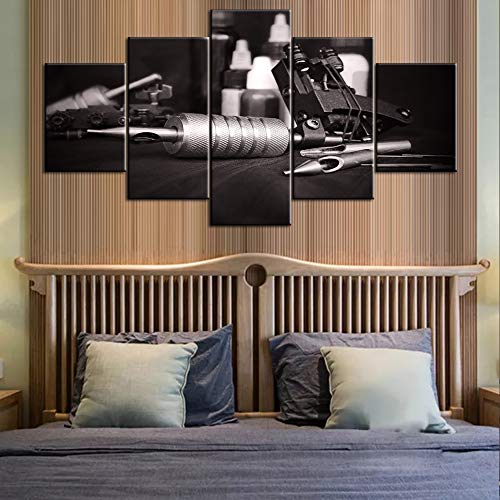 Living Room Decor Tattooing Machine Pictures Tattoo Instrument Wall Art Grey Paintings Multi Panel Printed on Canvas Vintage Artwork for House Giclee Framed Stretched Ready to Hang(60''W x 32''H)