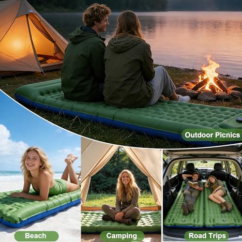 JATEKA Inflatable Camping Mattress Ultra Light with Integrated Cushion 14 cm Single Inflatable Mattress for Outdoor Travel Beach Camping Mattress Light Blue Green