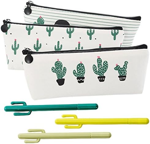 Set of 6, Students School Supply Stationery Organizer Canvas Cosmetic Bag Green Cactus Pencil Case(3 Case, 3 Gel pens)