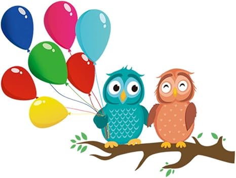 Búho de dibujos animados y globos de colores en la rama pegatinas de