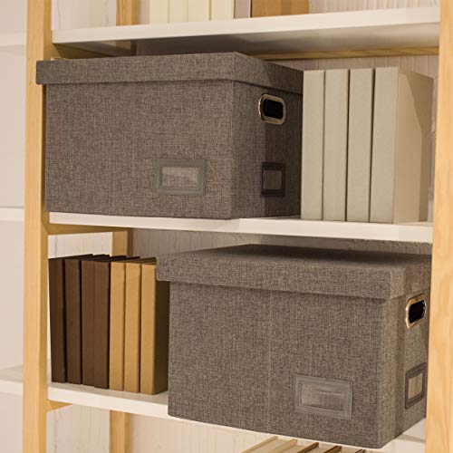 File Storage Organizer Box, 2 Pcs Collapsible Linen Office Filling Boxes for Letters Legal Files and Hanging File Folders