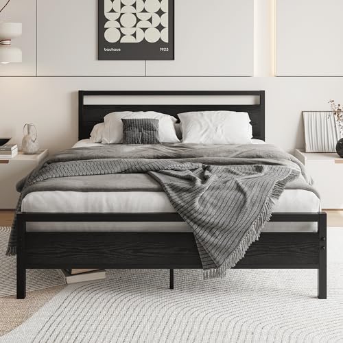 HOJINLINERO Queen Bed Frame with Wood Headboard,Metal Platform Bed Frame Queen Size with Storage No Box Spring Needed,Heavy Duty Queen Size Bed Frame Metal Slats Support Mattress Base No Noise,Black