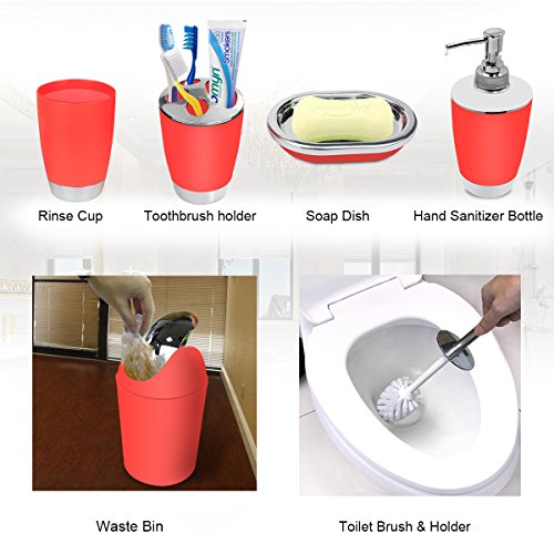 Red Bathroom Accessories Set 6 Pieces Plastic Bathroom Accessories Toothbrush Holder, Rinse Cup, Soap Dish, Hand Sanitizer Bottle, Waste Bin, Toilet Brush with Holder