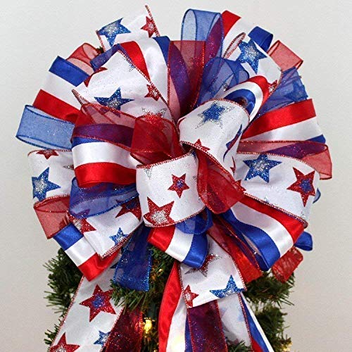 Patriotic Stars Stripes Christmas Tree Bow Topper Bow