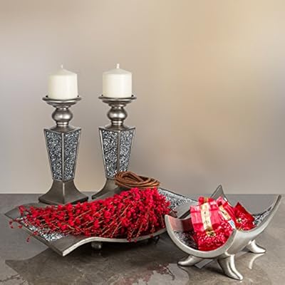 Creative Scents Schonwerk Pillar Candle Holder Set of 2- Crackled Mosaic Design- Home Coffee Table Decor Decorations Centerpiece for Dining/Living Room- Best Wedding Gift (Silver)