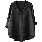 Women Long Sleeve Lapel Linen Top Casual V Neck Loose Shirt Dressy Beach Vacation Blouse Tunic