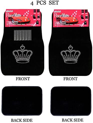 ALLBrand Universal Fit Front/Rear 4-Piece Full Set Crystal Bling Rhinestone Studded Carpet Car SUV Truck Floor Mats (Crown/Black)