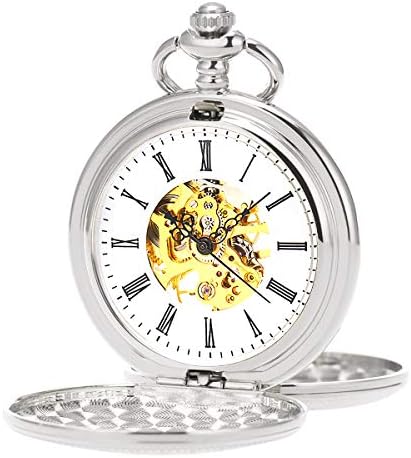 Pocket Watch Esunlink Skeleton Double Hunter Case Hand Winding Mechanical Pocket Watches Unisex with Golden Movement