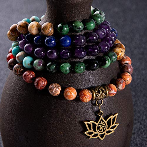 Bivei 7 Chakra 108 Mala Beads Bracelet Real Healing Gemstone Yoga Meditation Hand Knotted Mala Prayer Bead Necklace(Lotus OM) - Thumbnail 3