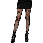 Aucute Women Thigh High Tights Black Fishnet Stockings for Halloween Cosplay, High Waist Skull Mesh Leggings