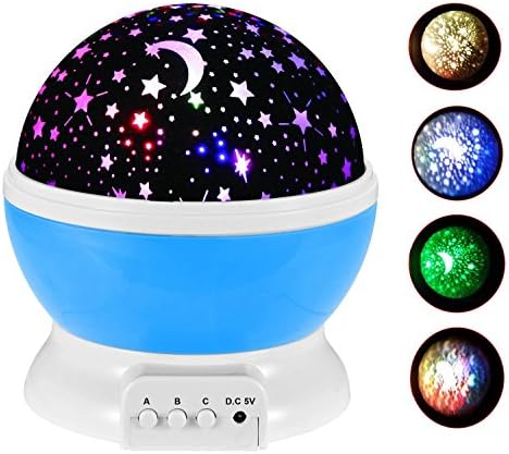 Wawoo Star Moon Sky 360 Rotating Round Night Light Projector Lamp, 4 Led Beeds 3 Model Mood Light, USB/Battery Powered Romantic Home Decoration Lamp Great for Nursery Bedroom Children Room Christmas