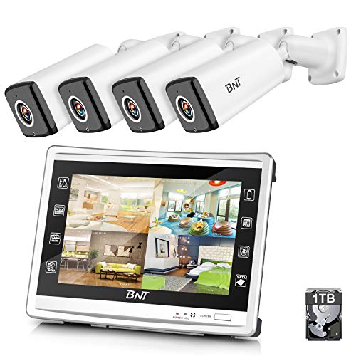 BNT 4Channel Security Camera System 1080P 11" HD Monitor DVR with 1TB Hard Drive & 4 Waterproof Indoor Outdoor Home CCTV Surveillance Cameras ,Night Vision Remote Access Motion Detect - Wired System