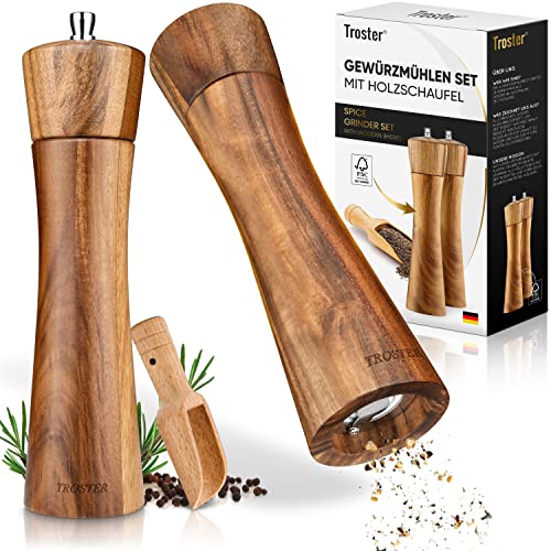Troster® Gewürzmühlen Set Holz - 3er Set - Salz und Pfeffermühle, Gewürzschaufel - Gewürzmühle Keramikmahlwerk - Salzmühle Holz groß - Pfeffermühle Holz groß - Salz und Pfeffermühle Holz Geschenk