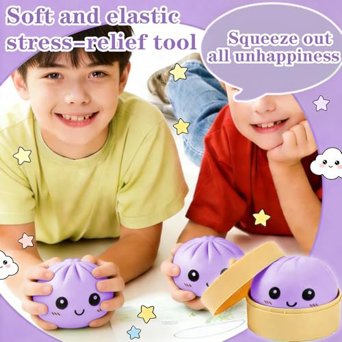 Dumpling Squishy Stress Ball, JHSRVER Mystery Dumpling Squishies, Dumplings Stretchy Desk Toy, Handmade Squeeze Toys, Bun Dough Sensory Fidget Toy with a Steame (Purple)