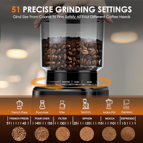 Homtone Electric Coffee Grinder, 51 Adjustable Grinding Levels, Stainless Steel Conical Grinder, Anti-Static Technology, for Espresso, Filter Coffee and French Press, 160W (Silver)