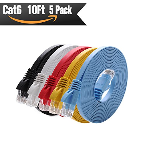 Cat 6 Ethernet Cable 10 ft ( 5 PACK ) (At a Cat5e Price but Higher Bandwidth) Cat6 Internet Network Cable Flat - Ethernet Patch Cables Short - Computer Lan Cable With Snagless RJ45 Connectors