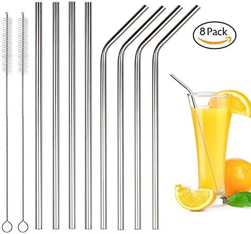 Stainless Steel Straws Extra Long 10.5'' Reusable Metal Drinking Straw for 20oz 30 oz Yeti Tumbler Cups Mugs Yeti/Ozark Trail/SIC/RTIC, Set of 8 (4 Straight + 4 Bent + 2 Free Clean Brushes)