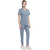 Women's 4-Way Stretch Scrubs Set, V-Neck Top & Joggers, Soft Anti-Wrinkle Medical Uniform Light Blue
