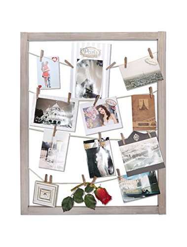 Reimagine Hanging Photo Display- Wood Wall Picture Frame Collage Board for Hanging Prints, Instax, Polaroid, Holiday Cards, Artwork- Display 2 Ways- Adjustable String, 40 Clothespin Clips- Rustic Grey
