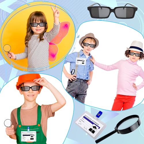 36 Pcs Kids Spy Kit Detective Toy Set Including 12 See Behind You Sunglasses 12 Secret Agent Name Tags 12 Black detective Mmagnifying Glass for Spy FBI Cosplay Escape Room Detective Party Supplies