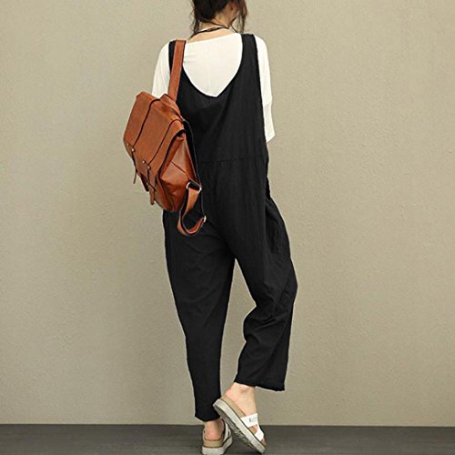 Highpot Women Plus Size Baggy Linen Overalls Wide Leg Pants Rompers Jumpsuit (M, Black)