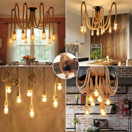 ANWIO Rope Ceiling Lamps, Rustic Ceiling Lamp E27, Rope Ceiling Lamp with 8 Bases, Ideal for Bedroom, Dining Room, Restaurant, Bar, Cafeteria (without Bulbs)