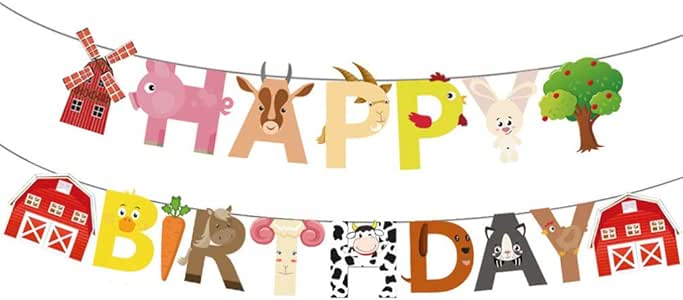 PRETYZOOM - Banderines de feliz cumpleaños con diseño de granja y