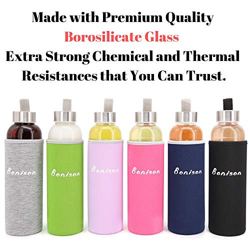 Newest 18 Oz Glass Bottle Top Level Quality Environmental Borosilicate Glass Water Bottle with Colorful Nylon Sleeve,BPA Free,Crysital Clear,Trendy Design (Pack of 6)